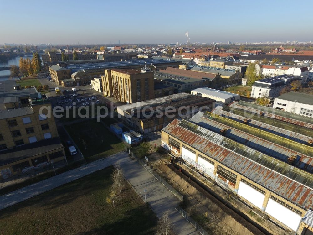 Berlin from above - Building complex Rathenau Halls in the former industrial area of the AEG / transformer factory (TRO) in Oberschoeneweide in Berlin. The entire area is now a protected monument