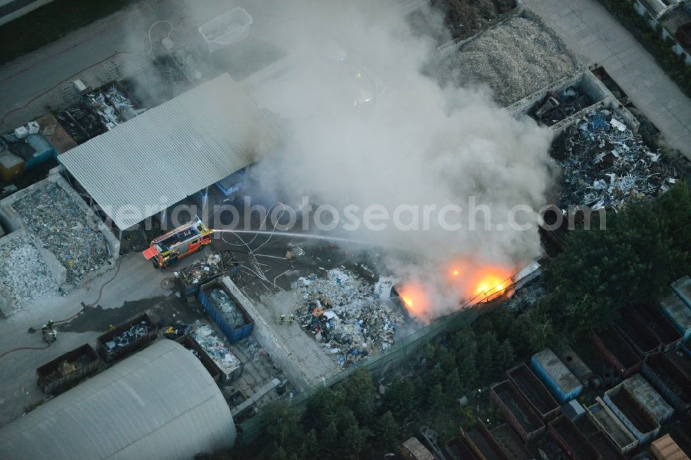 Aerial photograph Storkow (Mark) - Smoke and flames during the fire fighting to fire beim Entsorgungsfachbetrieb Kiesewetter GmbH in Storkow (Mark) in the state Brandenburg