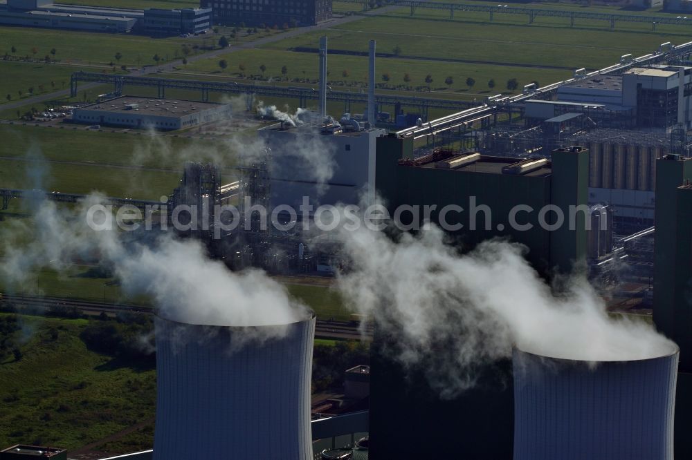 Schkopau from the bird's eye view: View of power plant smokestacks in the mirror image of Rattmansdorfer pond in Schkopau in the state of Saxony-Anhalt. The two chimneys are part of the lignite-fired power plant of E.ON AG