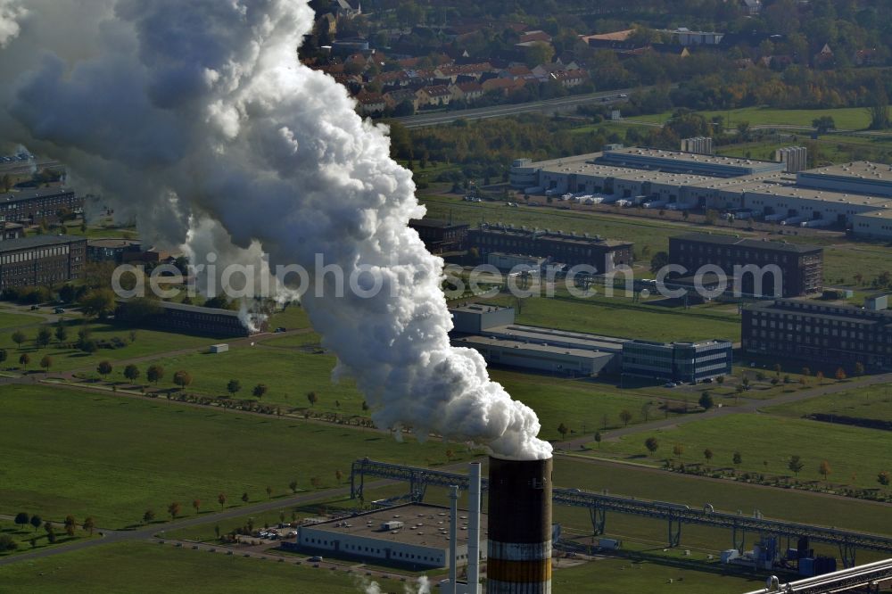 Aerial image Schkopau - View of power plant smokestacks in the mirror image of Rattmansdorfer pond in Schkopau in the state of Saxony-Anhalt. The two chimneys are part of the lignite-fired power plant of E.ON AG