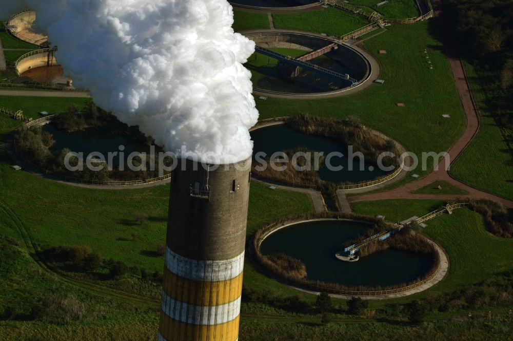 Schkopau from the bird's eye view: View of power plant smokestacks in the mirror image of Rattmansdorfer pond in Schkopau in the state of Saxony-Anhalt. The two chimneys are part of the lignite-fired power plant of E.ON AG