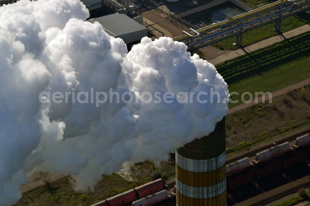 Aerial image Schkopau - View of power plant smokestacks in the mirror image of Rattmansdorfer pond in Schkopau in the state of Saxony-Anhalt. The two chimneys are part of the lignite-fired power plant of E.ON AG