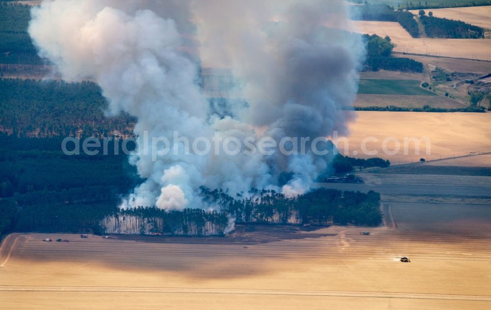 Bad Liebenwerda from the bird's eye view: Smoke clouds by the Great Fire - destroyed forest fire tree population in a wooded area - forest terrain in Bad Liebenwerda in the state Brandenburg, Germany