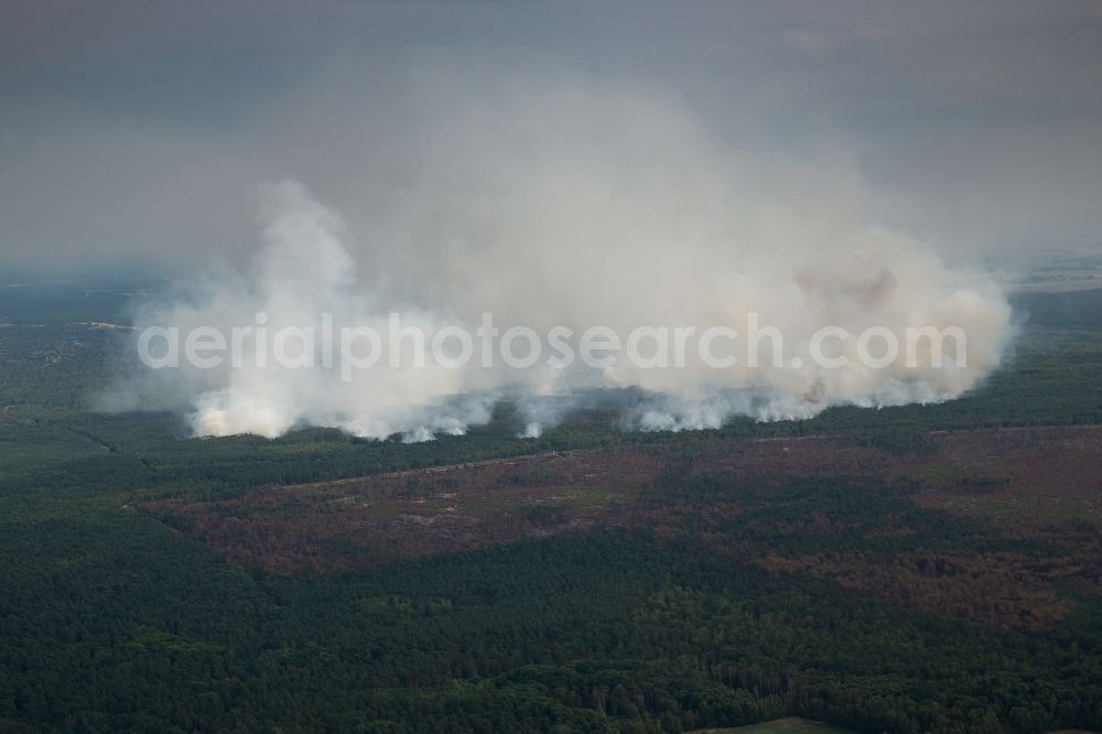 Bardenitz from above - Smoke clouds by the Great Fire - destroyed forest fire tree population in a wooded area - forest terrain in Bardenitz in Treuenbrietzen in the state Brandenburg, Germany