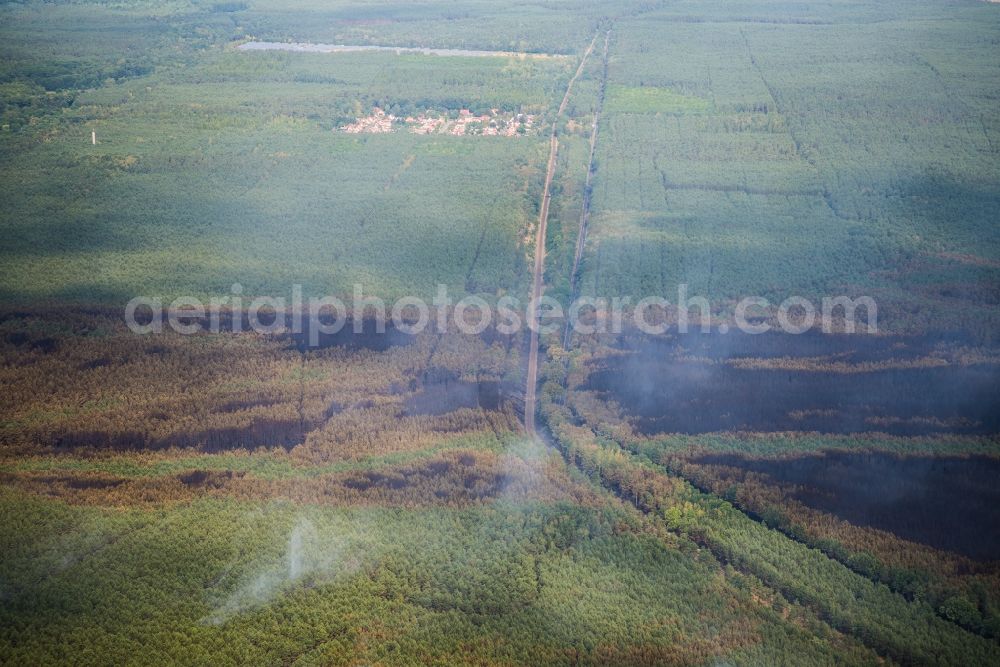 Aerial photograph Treuenbrietzen - Smoke clouds by the Great Fire - destroyed forest fire tree population in a wooded area - forest terrain in Klausdorf in Treuenbrietzen in the state Brandenburg, Germany