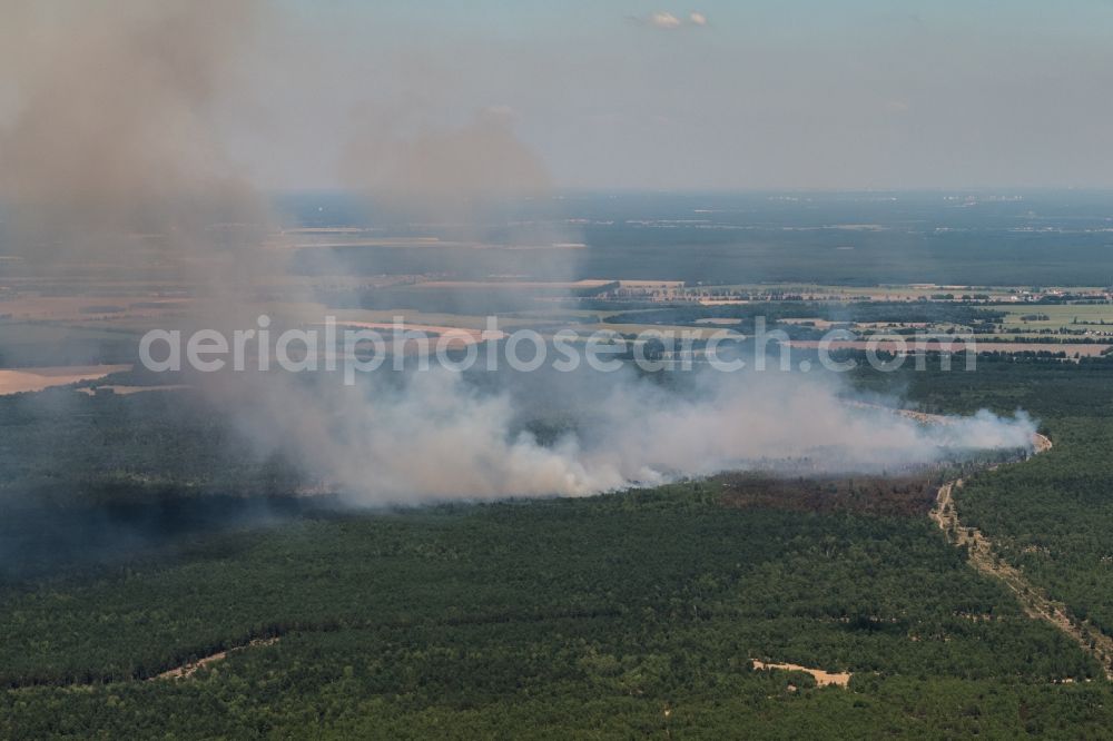 Aerial image Jüterbog - Smoke clouds by the Great Fire - destroyed forest fire tree population in a wooded area - forest terrain in Jueterbog in the state Brandenburg, Germany