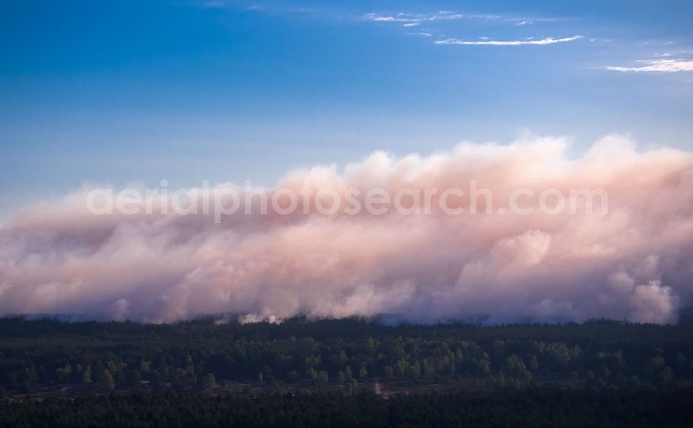 Aerial photograph Lübtheen - Smoke clouds by the Great Fire - destroyed forest fire tree population in a wooded area - forest terrain in the district Broemsenberg in Luebtheen in the state Mecklenburg - Western Pomerania, Germany