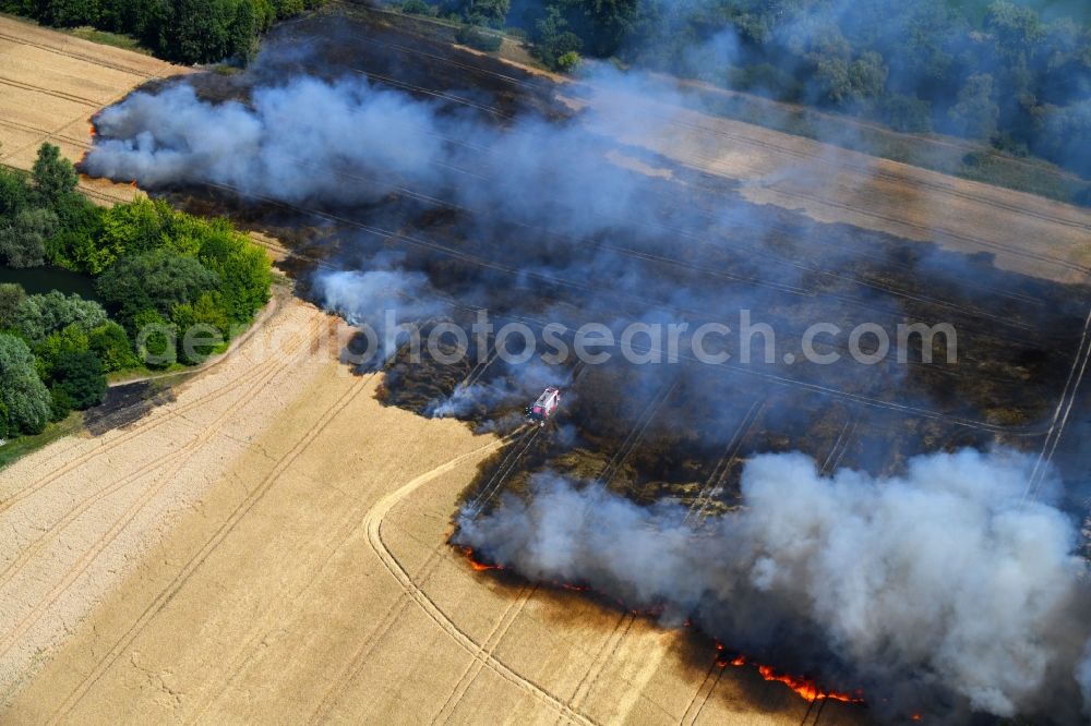 Angersdorf from the bird's eye view: Smoke clouds of a fire in a cornfield in Angersdorf in the state Saxony-Anhalt, Germany