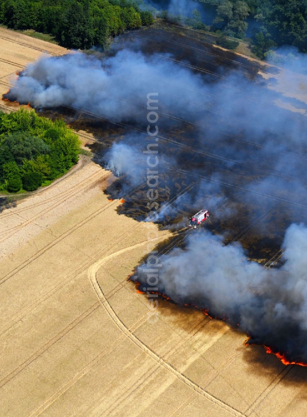 Aerial image Angersdorf - Smoke clouds of a fire in a cornfield in Angersdorf in the state Saxony-Anhalt, Germany