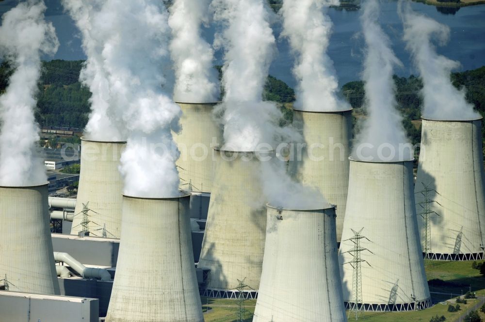 Jänschwalde from above - Wads of smoke of the chimneys of the power plant Jaenschwalde in the state Brandenburg