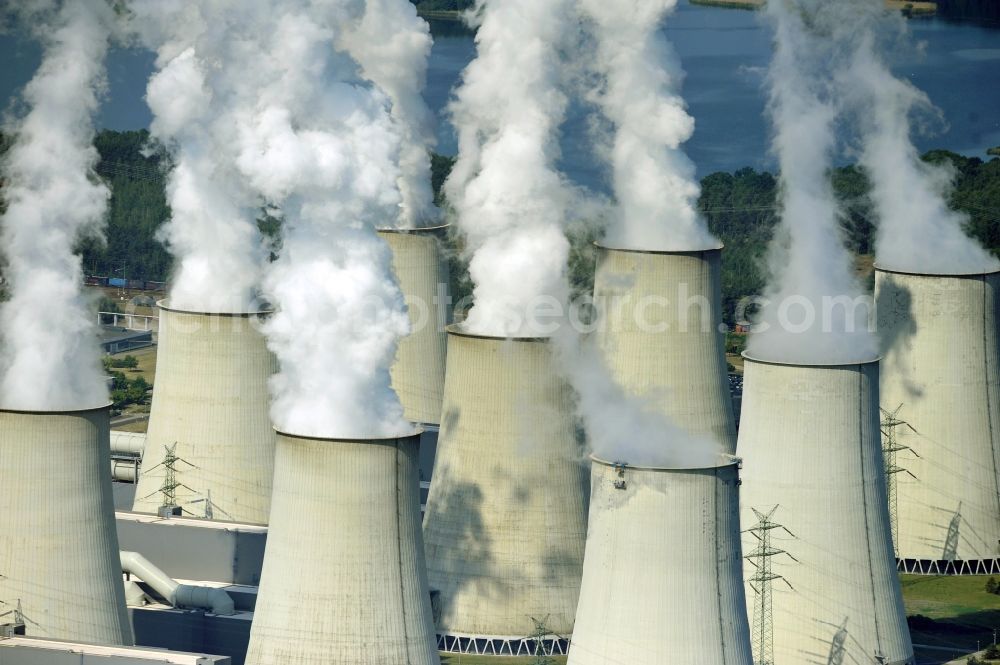 Jänschwalde from the bird's eye view: Wads of smoke of the chimneys of the power plant Jaenschwalde in the state Brandenburg