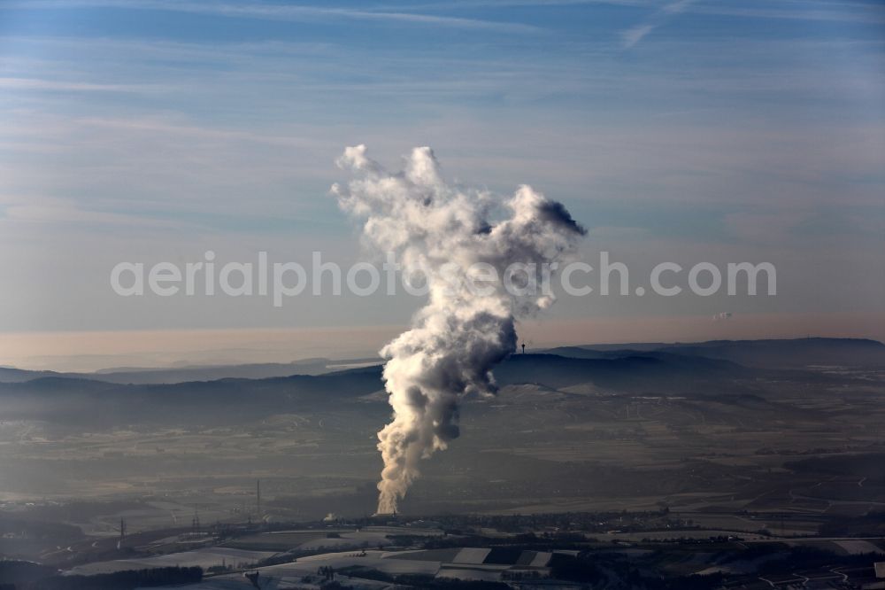 Aerial image Neckarwestheim - Clouds of smoke on the horizon over the nuclear power plant in Neckarwestheim in the state Baden-Wuerttemberg