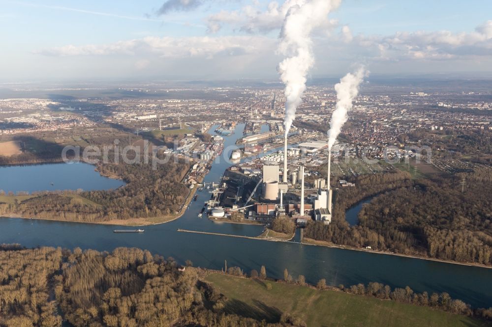 Aerial photograph Karlsruhe - Clouds of smoke on the horizon over the power plant of EnBW Energie Baden-Wuerttemberg AG in Karlsruhe in the state Baden-Wurttemberg, Germany