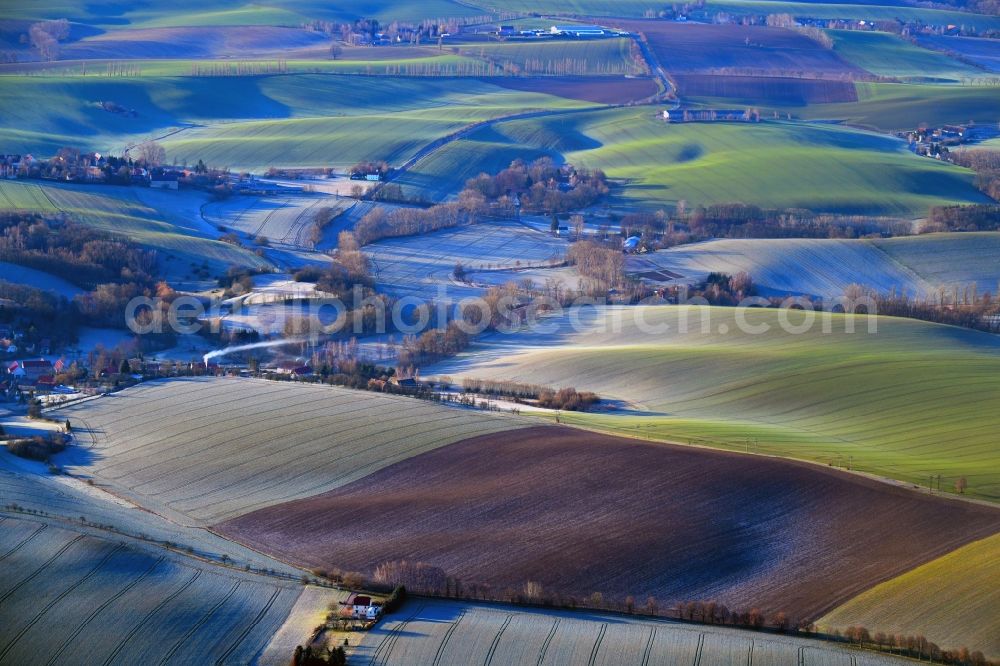 Aerial image Paltzschen - Structures on agricultural fields in Paltzschen in the state Saxony, Germany