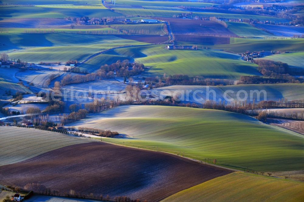 Paltzschen from above - Structures on agricultural fields in Paltzschen in the state Saxony, Germany