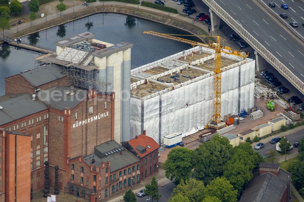 Aerial photograph Duisburg - Construction site at Küppersmühle on Küpperbusch Museum in Duisburg in the Ruhr area in North Rhine-Westphalia