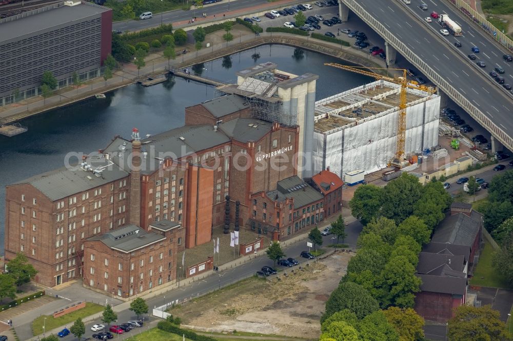 Duisburg from above - Construction site at Küppersmühle on Küpperbusch Museum in Duisburg in the Ruhr area in North Rhine-Westphalia