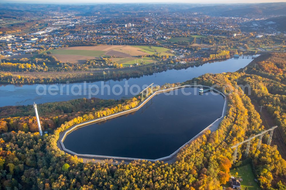 Ostende from above - Retention basin and water storage Pumpspeicherkraftwerk Koepchenwerk in Ostende at Ruhrgebiet in the state North Rhine-Westphalia, Germany