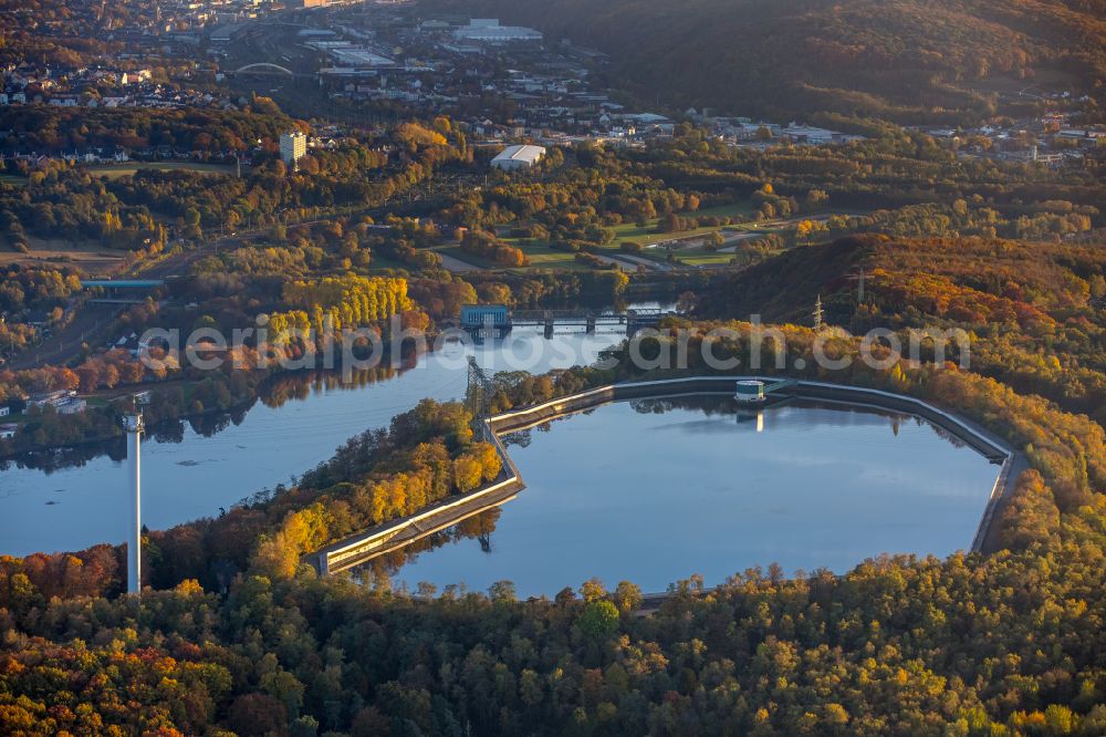 Ostende from the bird's eye view: Retention basin and water storage Pumpspeicherkraftwerk Koepchenwerk in Ostende at Ruhrgebiet in the state North Rhine-Westphalia, Germany