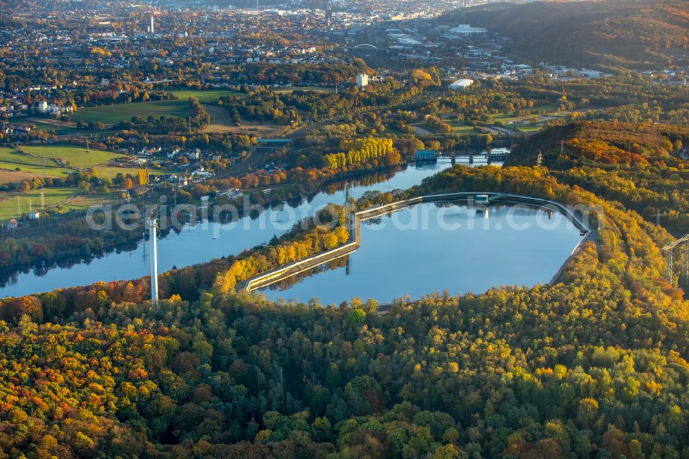 Aerial image Ostende - Retention basin and water storage Pumpspeicherkraftwerk Koepchenwerk in Ostende at Ruhrgebiet in the state North Rhine-Westphalia, Germany