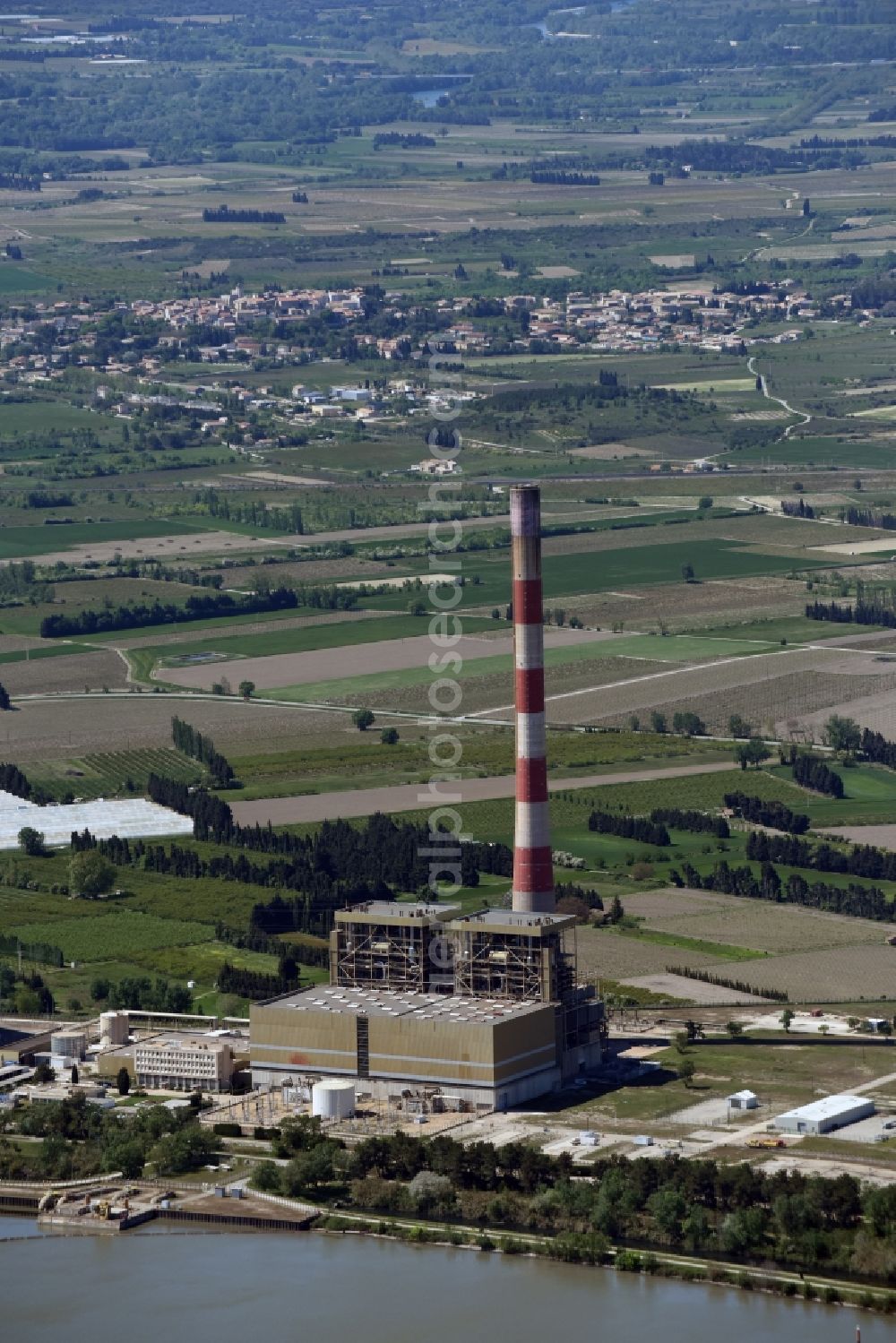 Aramon from the bird's eye view: Building remains of the reactor units and facilities of the NPP nuclear power plant in Aramon in Languedoc-Roussillon Midi-Pyrenees, France