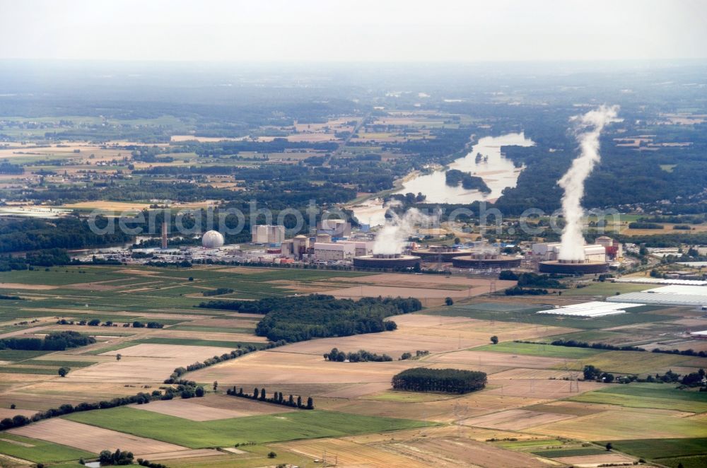 Avoine from the bird's eye view: Building remains of the reactor units and facilities of the NPP nuclear power plant in Avoine in Centre-Val de Loire, France