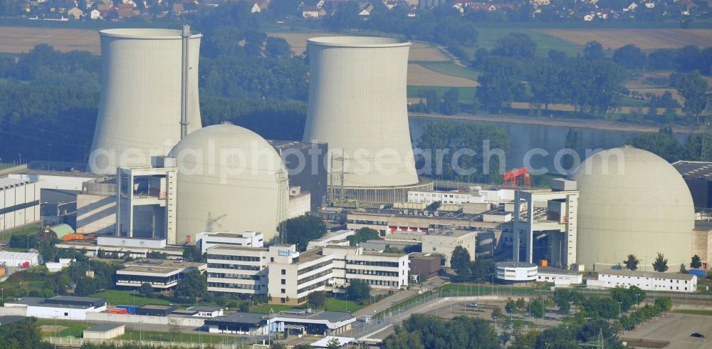 Aerial image Biblis - Building remains of the reactor units and facilities of the NPP nuclear power plant of RWE Power AG in Biblis in the state Hesse