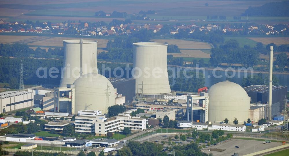 Biblis from above - Building remains of the reactor units and facilities of the NPP nuclear power plant of RWE Power AG in Biblis in the state Hesse