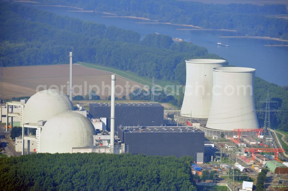 Biblis from above - Building remains of the reactor units and facilities of the NPP nuclear power plant of RWE Power AG in Biblis in the state Hesse