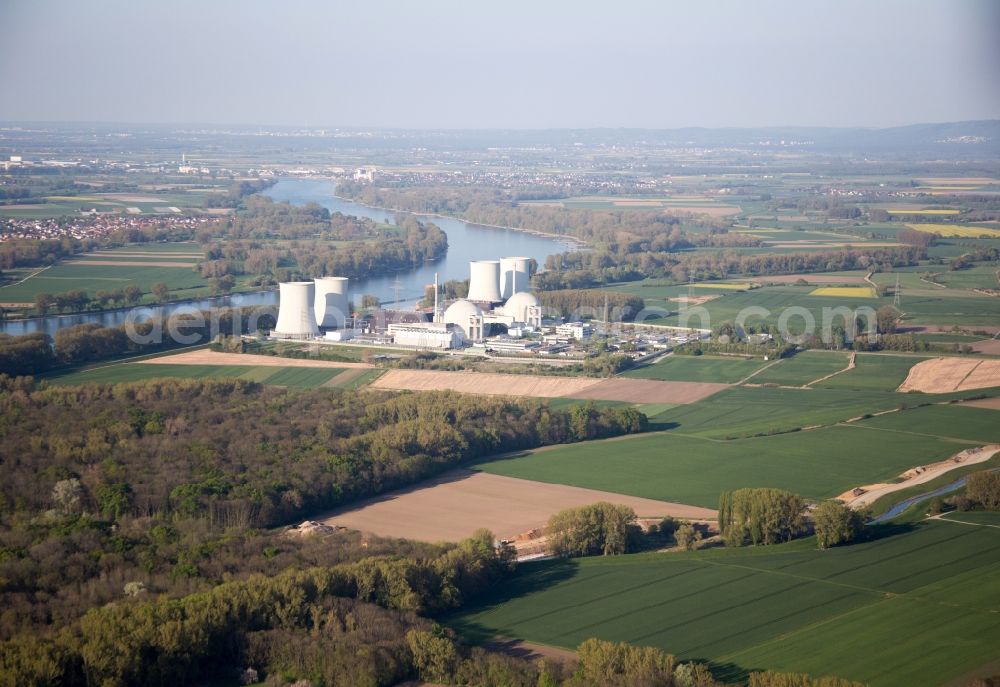 Biblis from above - Building remains of the reactor units and facilities of the NPP nuclear power plant in Biblis in the state Hesse