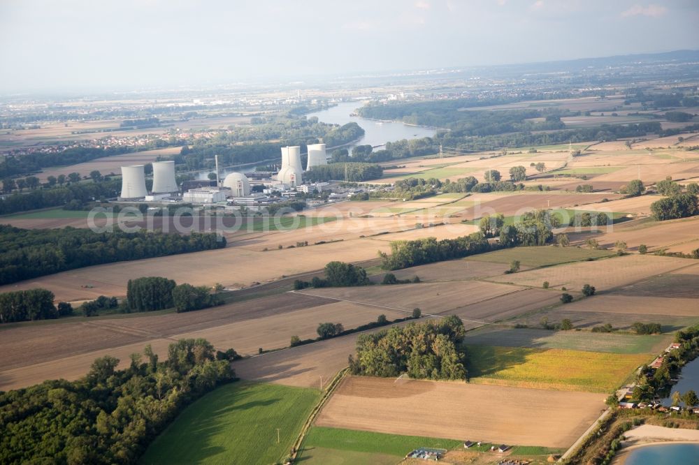 Biblis from the bird's eye view: Building remains of the reactor units and facilities of the NPP nuclear power plant in Biblis in the state Hesse