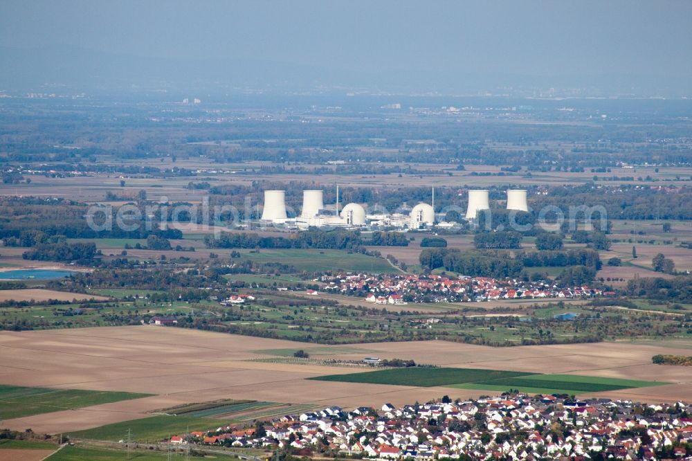 Biblis from the bird's eye view: Building remains of the reactor units and facilities of the NPP nuclear power plant Biblis at the Rhine river in Biblis in the state Hesse