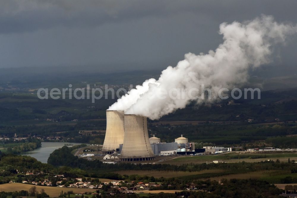 Aerial image Golfech - Building remains of the reactor units and facilities of the NPP nuclear power plant in Golfech in Languedoc-Roussillon Midi-Pyrenees, France