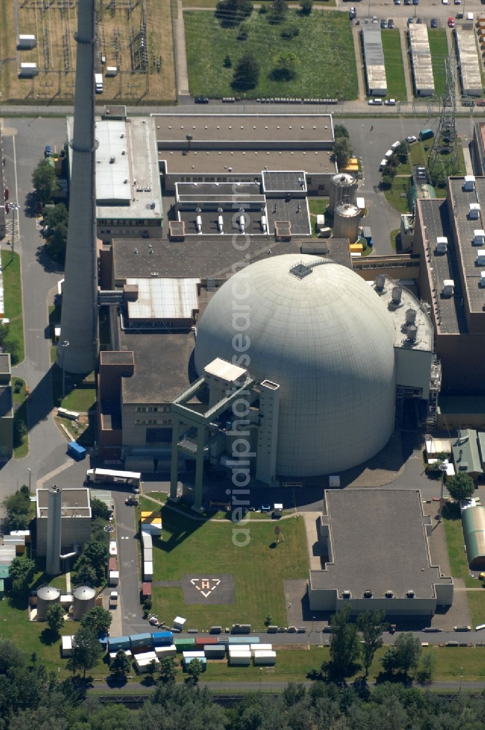 Grafenrheinfeld from the bird's eye view: Building remains of the reactor units and facilities of the NPP nuclear power plant in Grafenrheinfeld in the state Bavaria