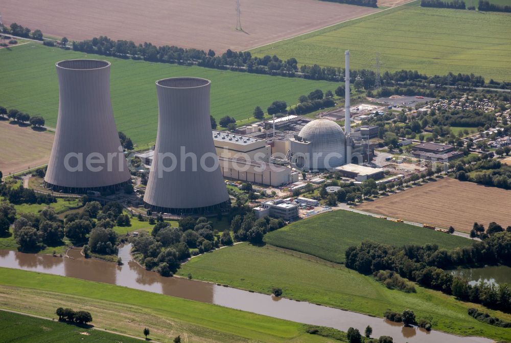 Aerial image Grohnde - Reactor blocks, cooling tower structures and facilities of the nuclear power plant in Grohnde in the state of Lower Saxony, Germany