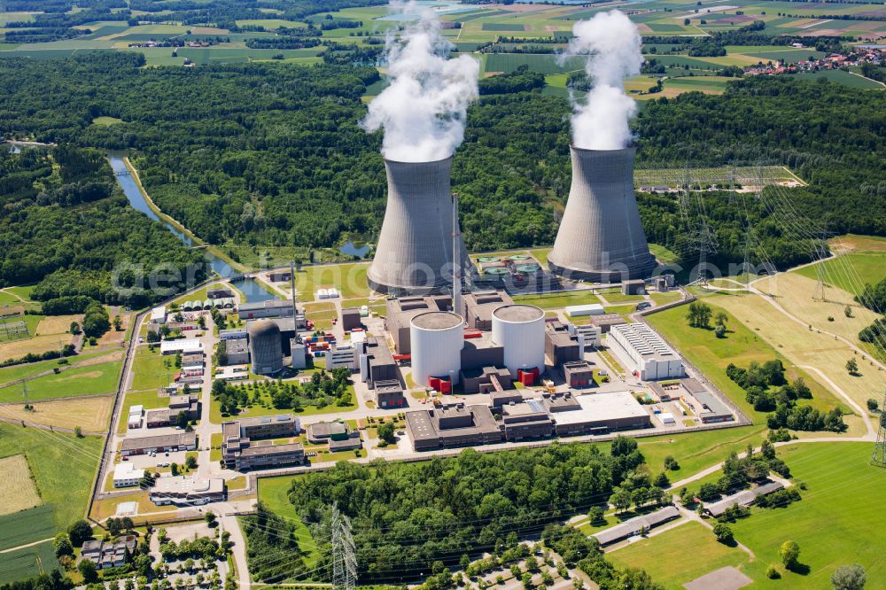 Aerial image Gundremmingen - Building remains of the reactor units and facilities of the NPP nuclear power plant in Gundremmingen in the state Bavaria, Germany