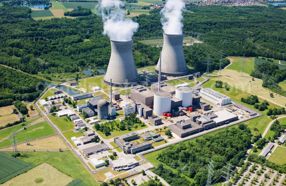 Gundremmingen from above - Building remains of the reactor units and facilities of the NPP nuclear power plant in Gundremmingen in the state Bavaria, Germany