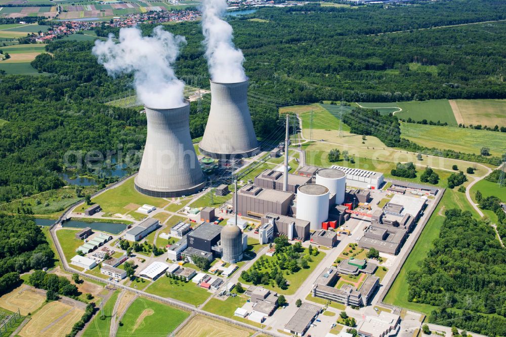 Gundremmingen from the bird's eye view: Building remains of the reactor units and facilities of the NPP nuclear power plant in Gundremmingen in the state Bavaria, Germany