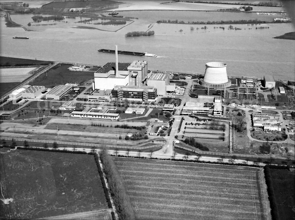 Aerial image Kalkar - Building remains of the reactor units and facilities of the NPP nuclear power plant on the rhine river near Kalkar in the state North Rhine-Westphalia, Germany