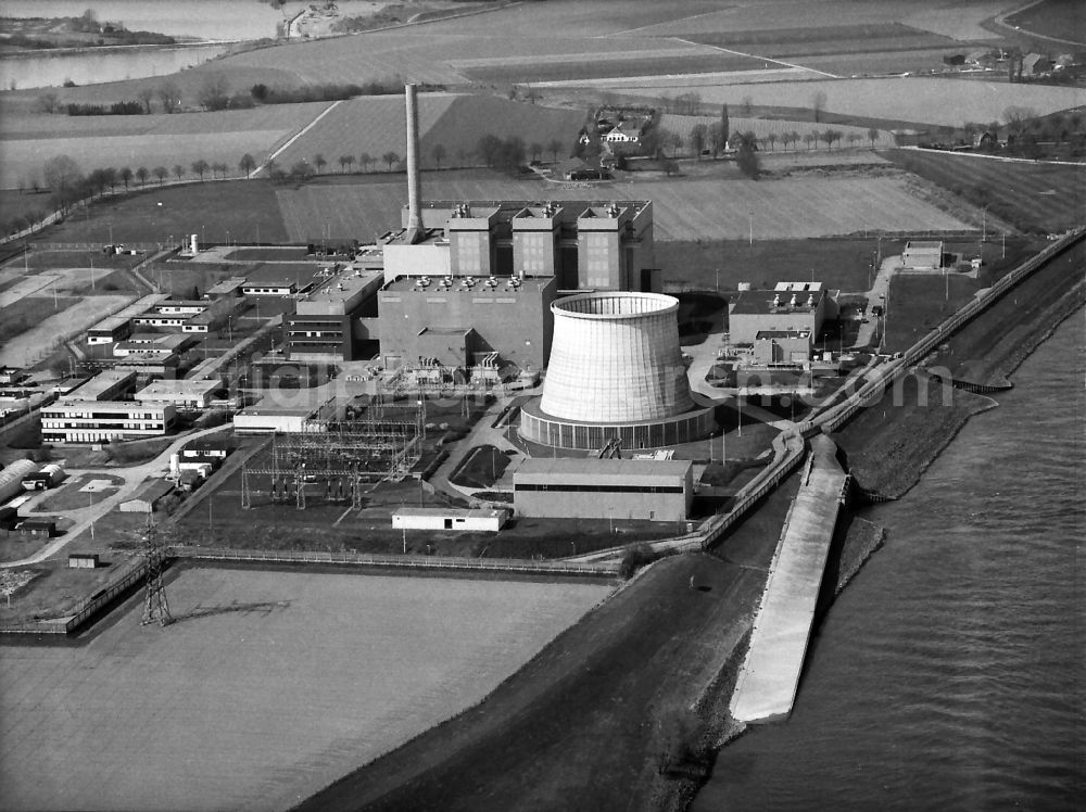 Aerial image Kalkar - Building remains of the reactor units and facilities of the NPP nuclear power plant on the rhine river near Kalkar in the state North Rhine-Westphalia, Germany