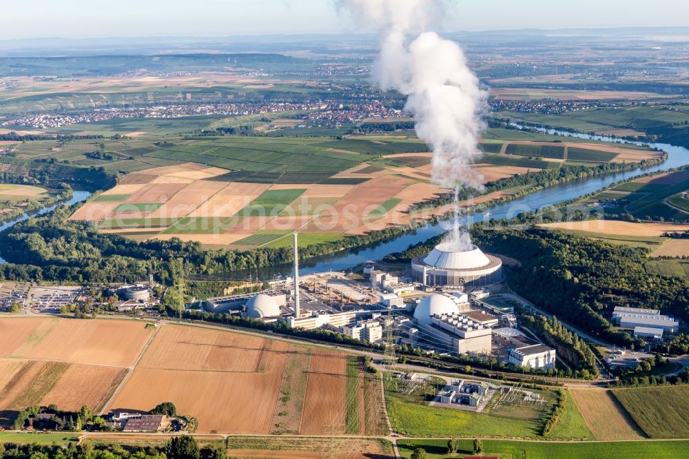 Neckarwestheim from the bird's eye view: Building remains of the reactor units and facilities of the NPP nuclear power plant GKN Neckarwestheim in Neckarwestheim in the state Baden-Wuerttemberg, Germany