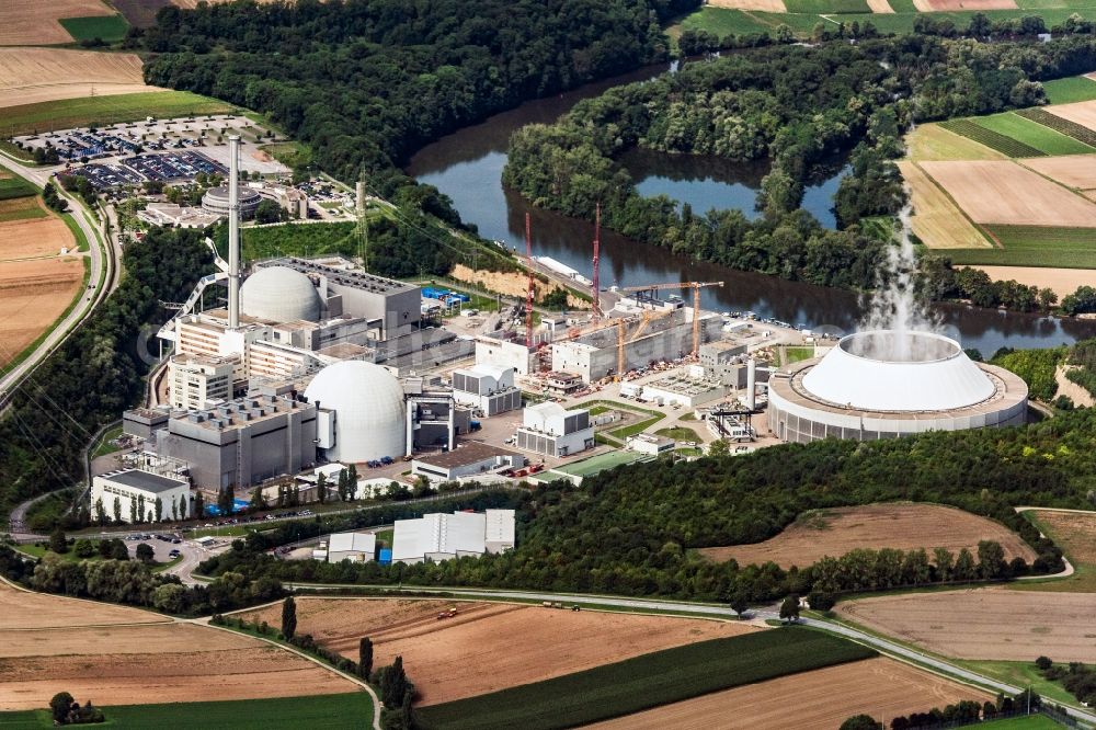 Neckarwestheim from above - Building remains of the reactor units and facilities of the NPP nuclear power plant Keckarwestheim in Neckarwestheim in the state Baden-Wuerttemberg, Germany