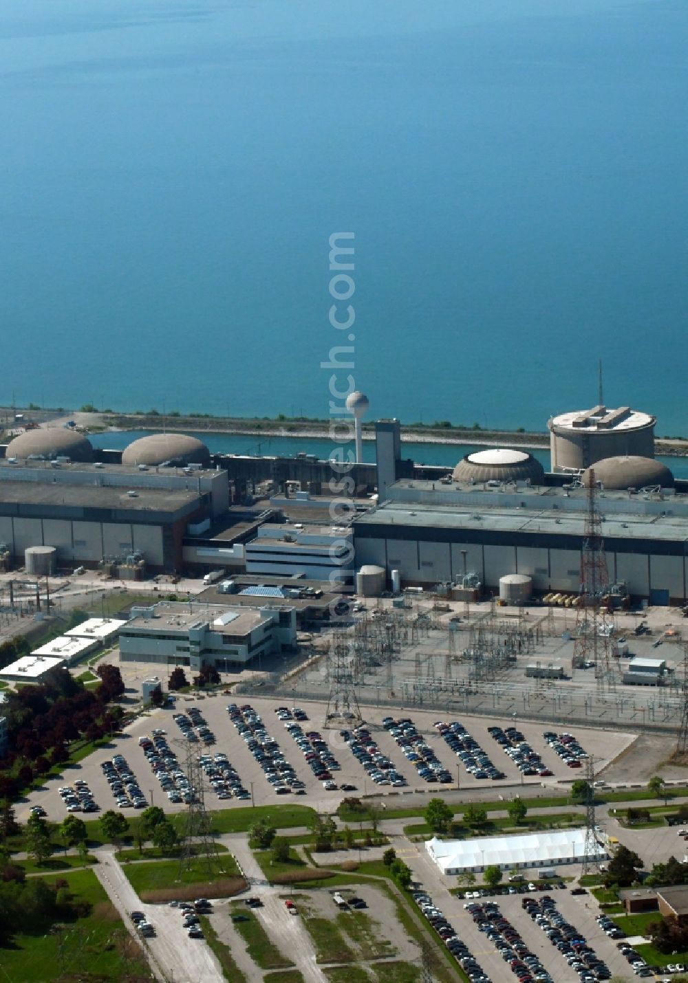 Pickering from the bird's eye view: Building remains of the reactor units and facilities of the NPP nuclear power plant Pickering on Montgomery Park Rdt in Pickering in Ontario, Canada