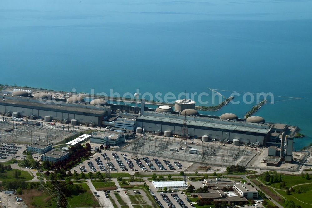 Aerial image Pickering - Building remains of the reactor units and facilities of the NPP nuclear power plant Pickering on Montgomery Park Rdt in Pickering in Ontario, Canada