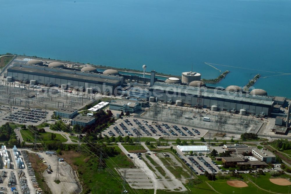 Pickering from the bird's eye view: Building remains of the reactor units and facilities of the NPP nuclear power plant Pickering on Montgomery Park Rdt in Pickering in Ontario, Canada