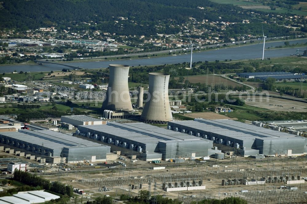 Saint-Paul-Trois-Châteaux from above - Building remains Tricastin of the reactor units and facilities of the NPP nuclear power plant in Saint-Paul-Trois-Chateaux in Auvergne Rhone-Alpes, France