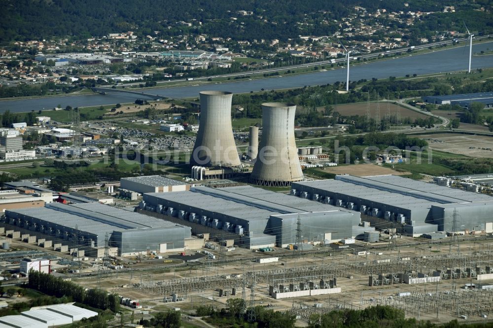 Saint-Paul-Trois-Châteaux from the bird's eye view: Building remains Tricastin of the reactor units and facilities of the NPP nuclear power plant in Saint-Paul-Trois-Chateaux in Auvergne Rhone-Alpes, France