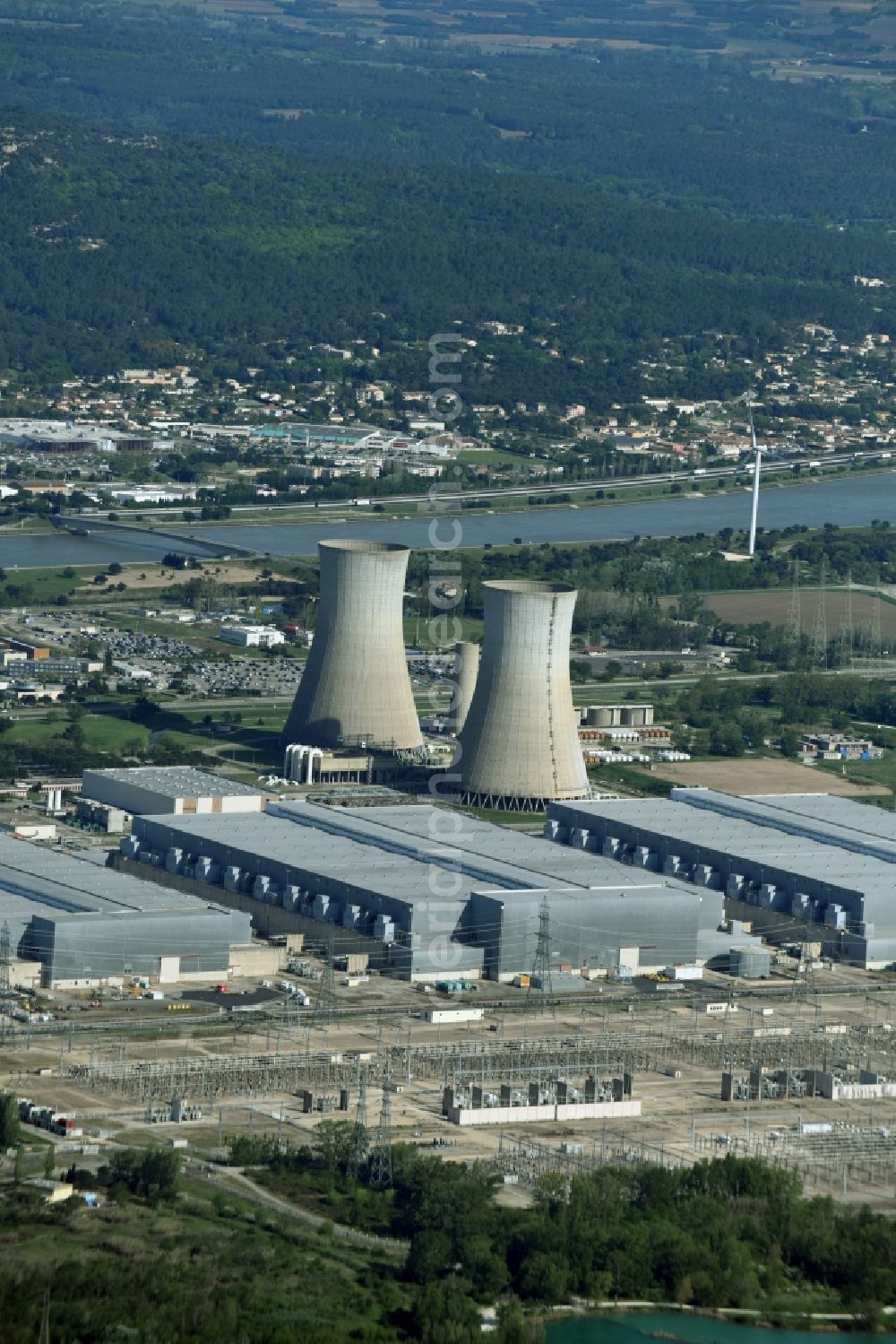 Aerial image Saint-Paul-Trois-Châteaux - Building remains Tricastin of the reactor units and facilities of the NPP nuclear power plant in Saint-Paul-Trois-Chateaux in Auvergne Rhone-Alpes, France