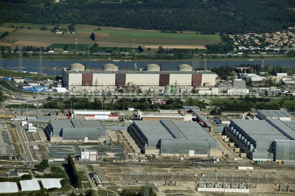 Aerial photograph Saint-Paul-Trois-Châteaux - Building remains Tricastin of the reactor units and facilities of the NPP nuclear power plant in Saint-Paul-Trois-Chateaux in Auvergne Rhone-Alpes, France