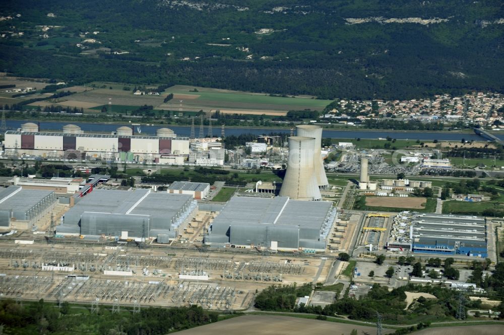 Saint-Paul-Trois-Châteaux from above - Building remains Tricastin of the reactor units and facilities of the NPP nuclear power plant in Saint-Paul-Trois-Chateaux in Auvergne Rhone-Alpes, France